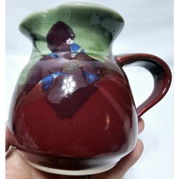 KENT FOLLETTE Pottery Cream And Sugar Set Cranberry/Green EUC Signed - Picture 2 of 13